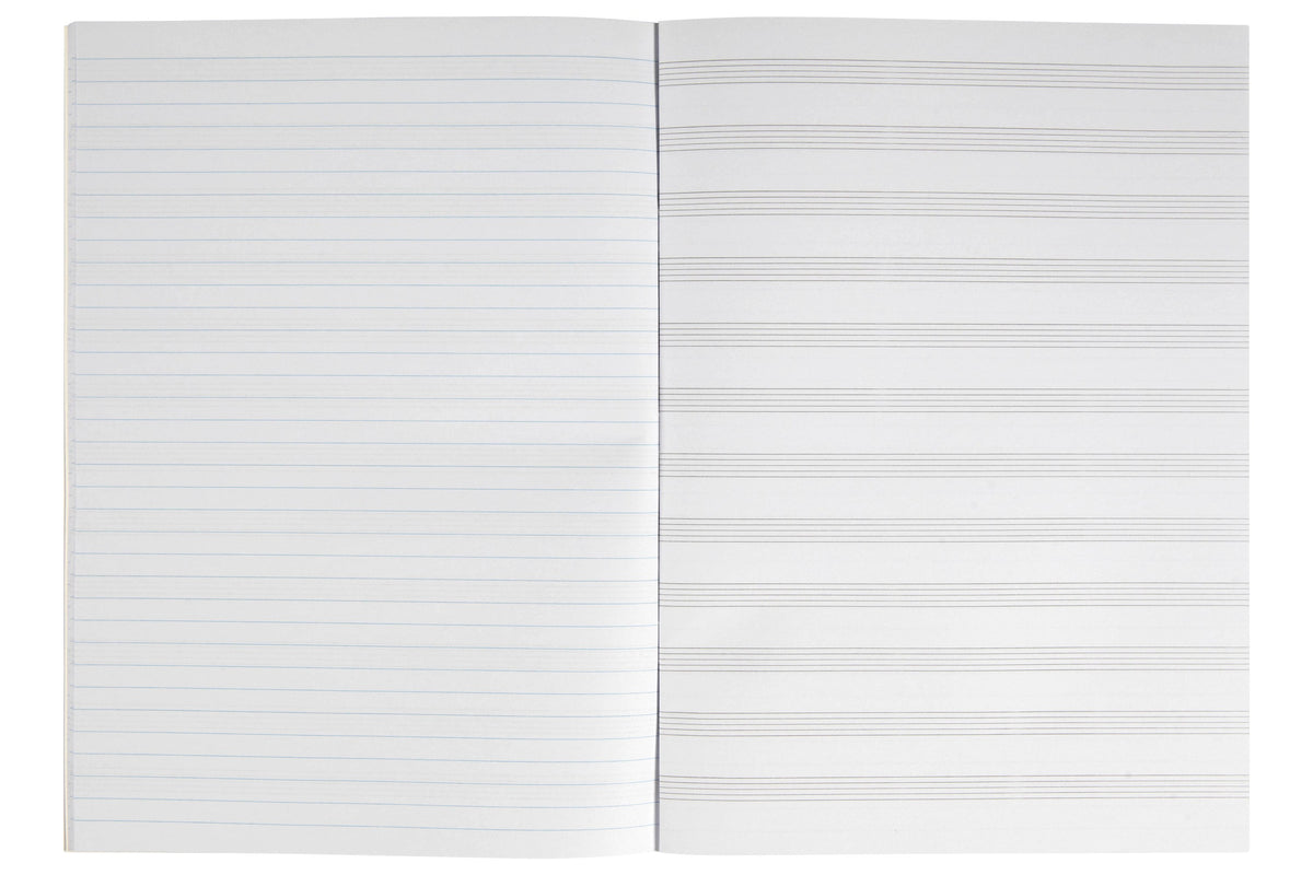 Spirax 244 music book lying open to a two page spread, each page printed with evenly spaced five line music staves running across the full width