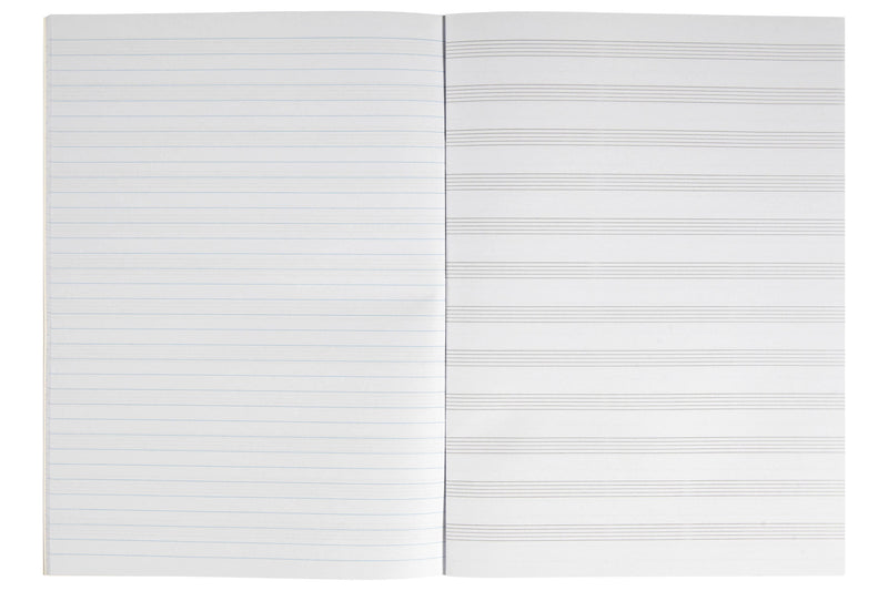 Spirax 244 music book lying open to a two page spread, each page printed with evenly spaced five line music staves running across the full width