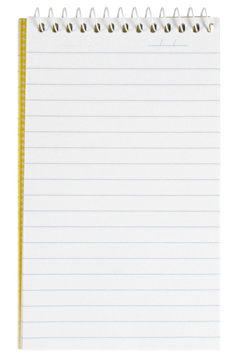Page of a Spirax No. 541 note pad under its white top spiral, showing pale blue ruled lines with no margin and a short date line at the top