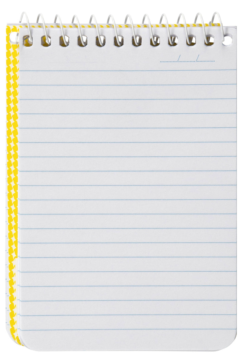 Open Spirax No. 560 pocket note pad with a white spiral across the top, yellow check cover edge on the left and a page of close pale blue ruled lines