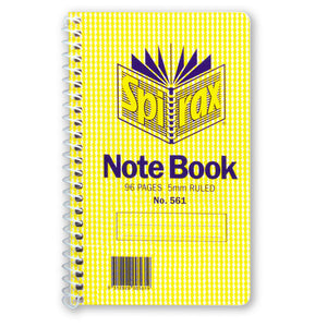 Spirax No. 561 notebook with a yellow check cover printed Note Book, 96 Pages 5mm Ruled, a white spiral down the left edge and a barcode at the bottom