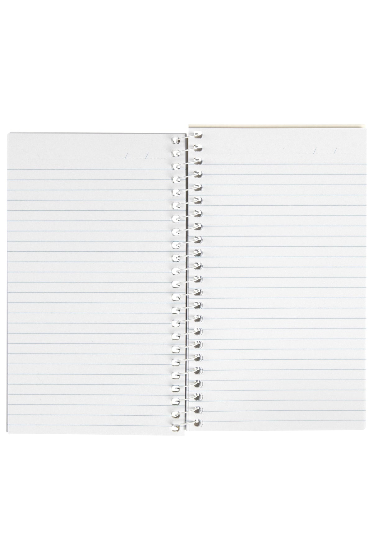 Spirax No. 561 notebook opened flat on its white side spiral, both pages printed with close pale blue ruled lines and a date line at the top