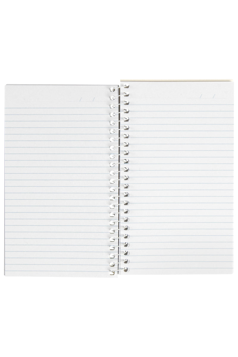 Spirax No. 561 notebook opened flat on its white side spiral, both pages printed with close pale blue ruled lines and a date line at the top