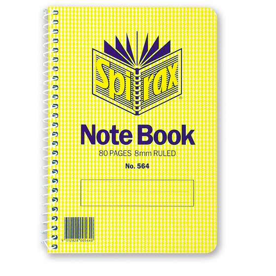 Spirax No. 564 notebook with a yellow check cover printed Note Book, 80 Pages 8mm Ruled, a white spiral down the left edge and a barcode at the lower left