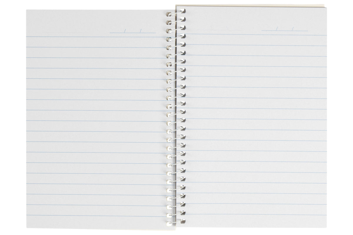 Spirax No. 564 notebook opened flat on its white side spiral, both pages printed with pale blue ruled lines and a date line at the top