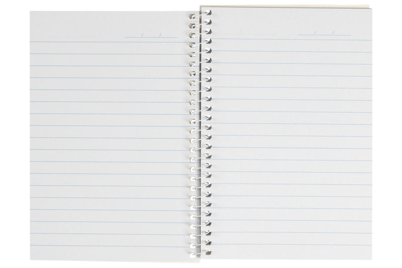 Spirax No. 564 notebook opened flat on its white side spiral, both pages printed with pale blue ruled lines and a date line at the top