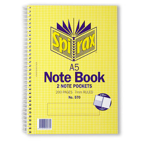 Spirax 570 A5 notebook with a yellow check cover printed 2 note pockets, 200 pages 7mm ruled and No. 570, a small pocket diagram and white spiral wire on the left