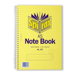 Spirax No. 571 A5 notebook with yellow check cover printed A5 Note Book, 300 pages 7mm ruled, white side spiral and a blank name panel
