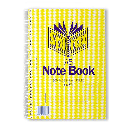 Spirax No. 571 A5 notebook with yellow check cover printed A5 Note Book, 300 pages 7mm ruled, white side spiral and a blank name panel