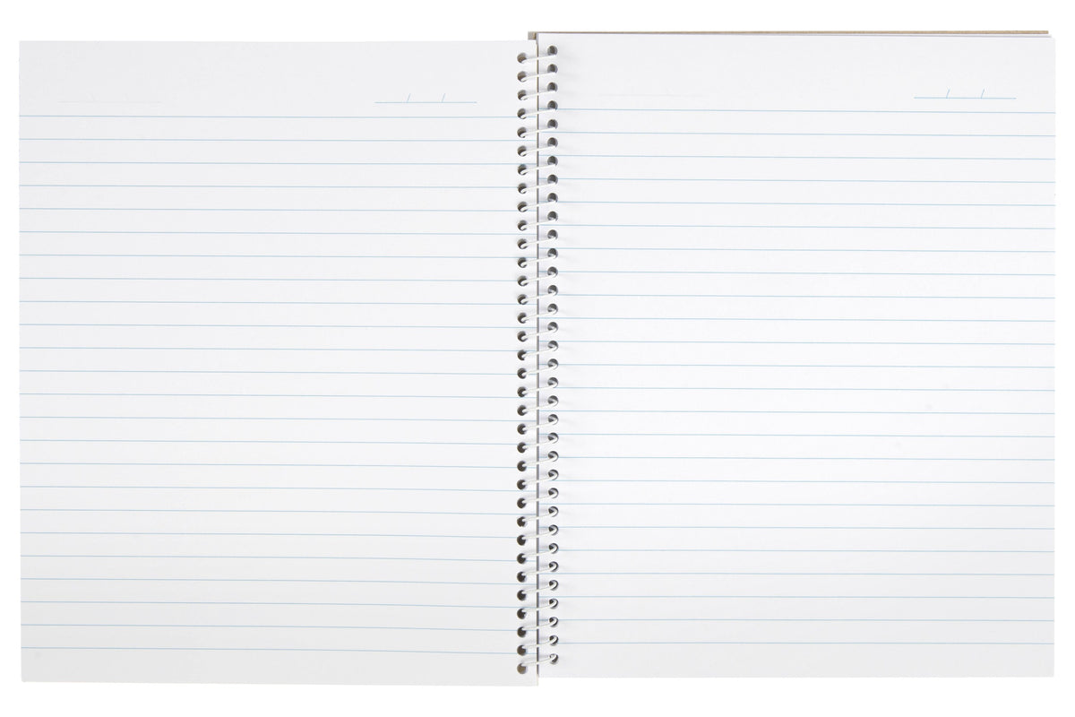 Spirax No. 592 notebook opened flat on its white side spiral, both pages covered in pale blue ruled lines with a date line at the top of each