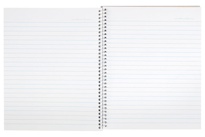 Spirax No. 592 notebook opened flat on its white side spiral, both pages covered in pale blue ruled lines with a date line at the top of each