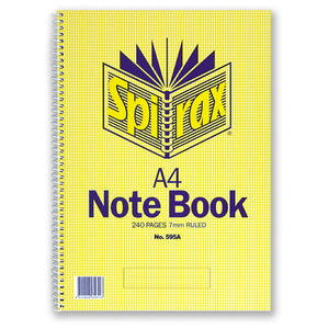 Spirax No. 595A A4 notebook with yellow check cover printed A4 Note Book, 240 pages 7mm ruled, side spiral binding and a blank name panel