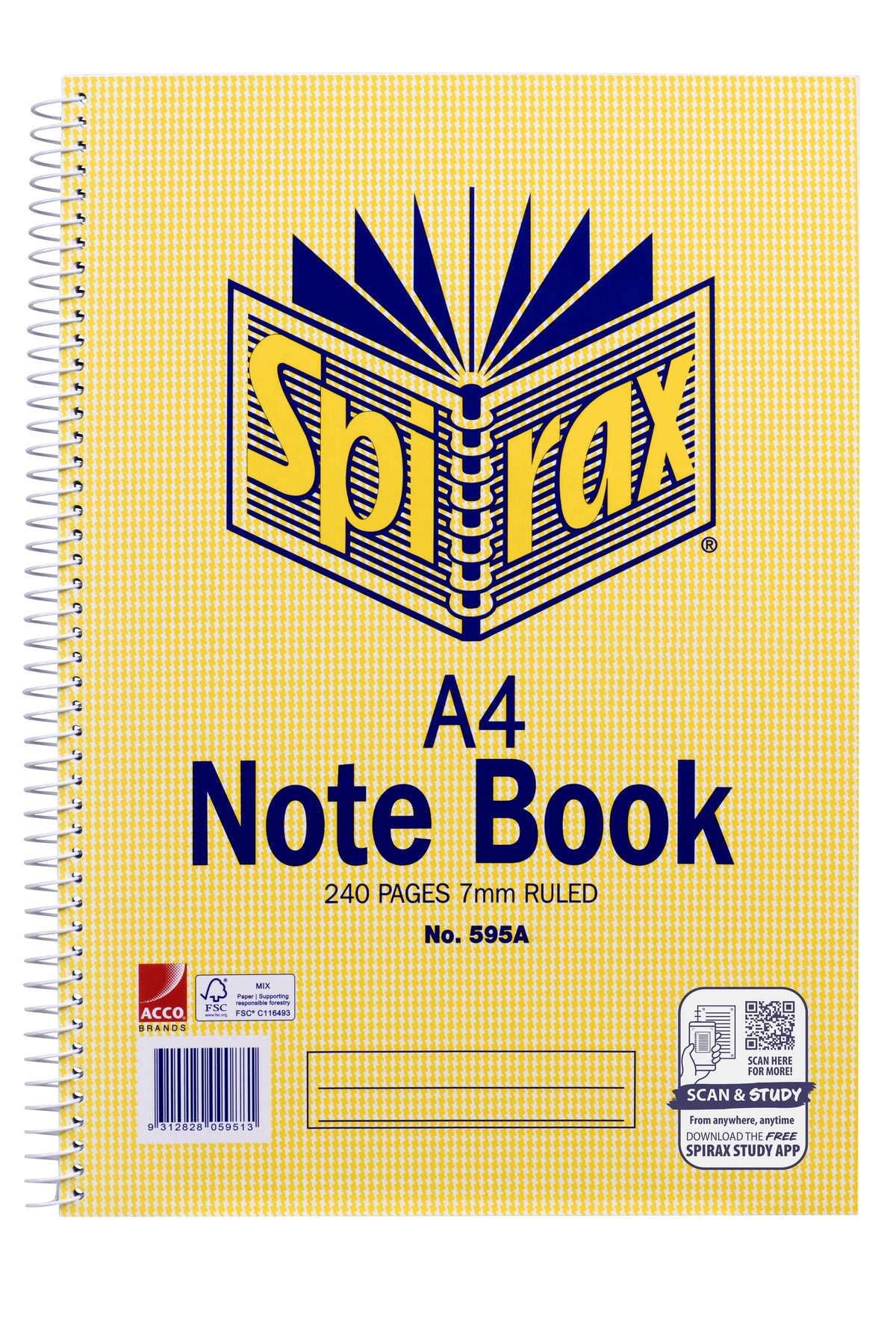 Spirax No. 595A A4 Note Book in the current yellow check cover with the ACCO logo, printed 240 pages 7mm ruled, white spiral wire, name panel, barcode and Scan and Study panel
