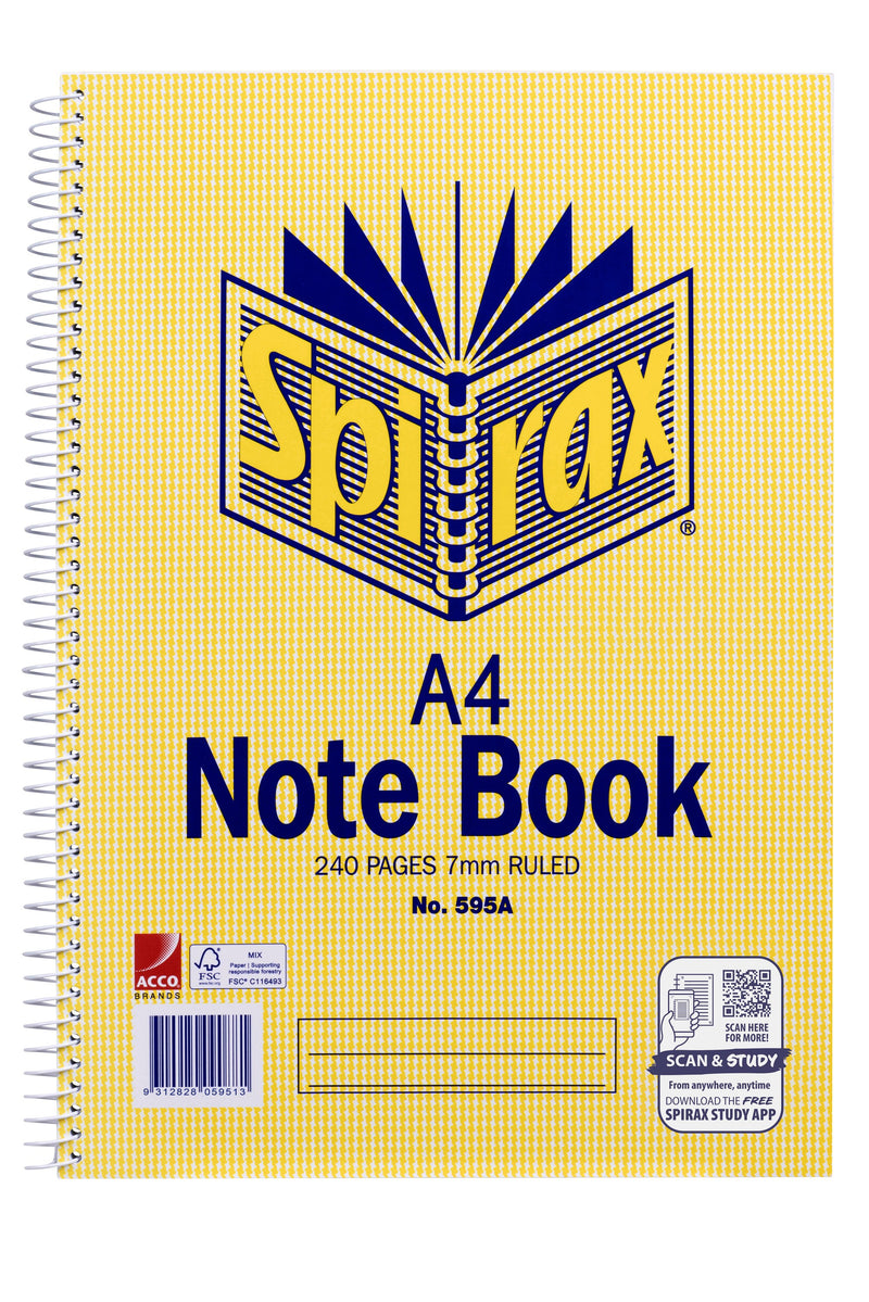 Spirax No. 595A A4 Note Book in the current yellow check cover with the ACCO logo, printed 240 pages 7mm ruled, white spiral wire, name panel, barcode and Scan and Study panel