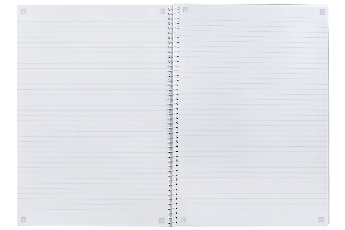 Spirax 595 A4 notebook opened flat on its white spiral wire to show two facing pages of pale blue ruled lines with no margin, a short date line at the top right of each page and small printed corner marks