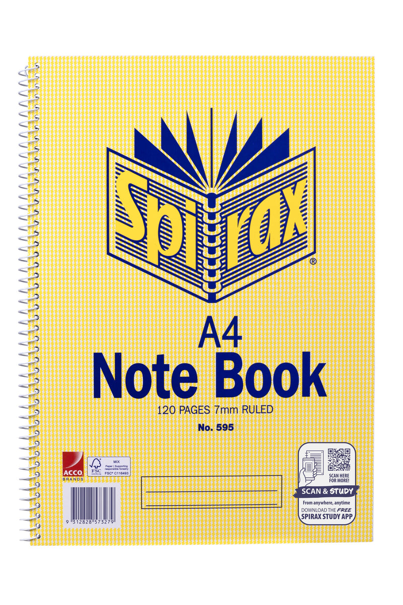 Spirax No. 595 A4 Note Book in the current yellow check cover with the ACCO logo, printed 120 pages 7mm ruled, white spiral wire, name panel, barcode and Scan and Study panel