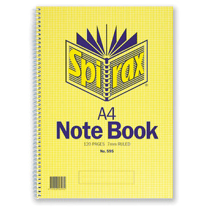 Spirax No. 595 A4 side opening notebook with yellow check cover printed A4 Note Book, 120 pages 7mm ruled, spiral binding down the left edge