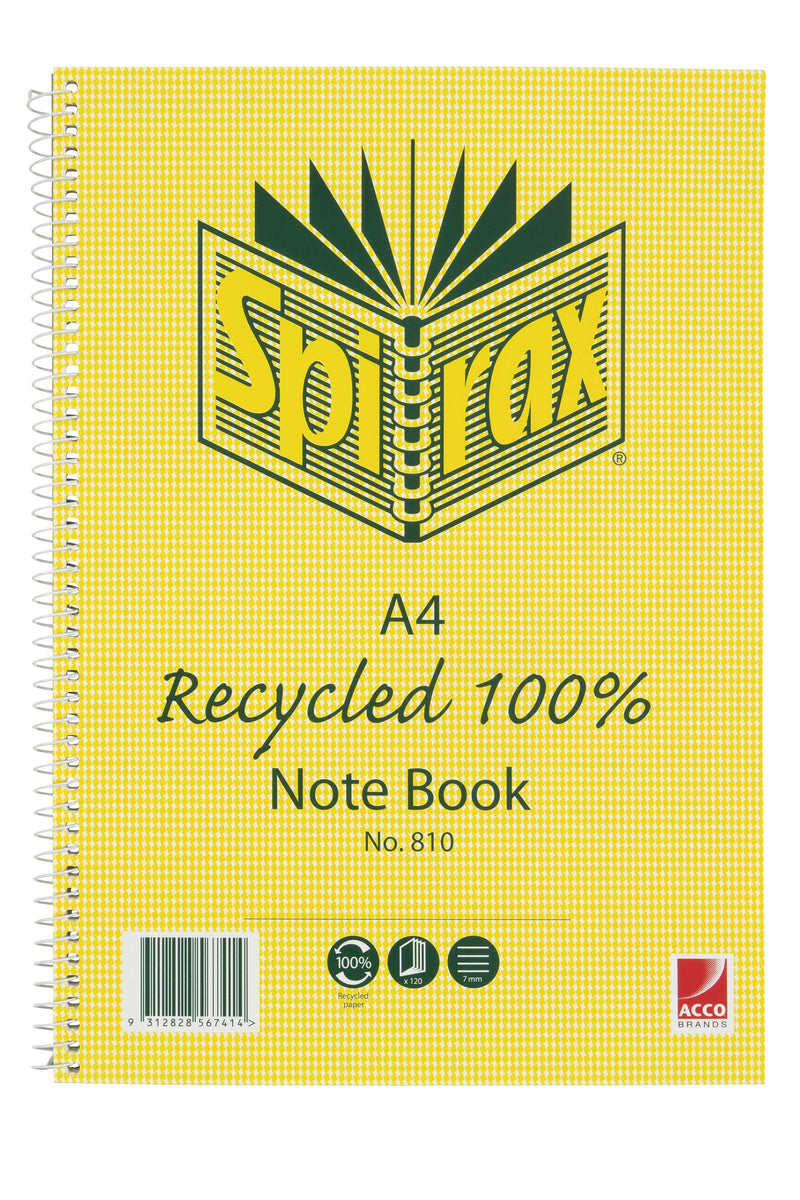 Spirax No. 810 A4 note book with a yellow hounds tooth cover printed Recycled 100%, icons for 120 pages and 7mm ruling, a barcode and a white spiral down the left edge