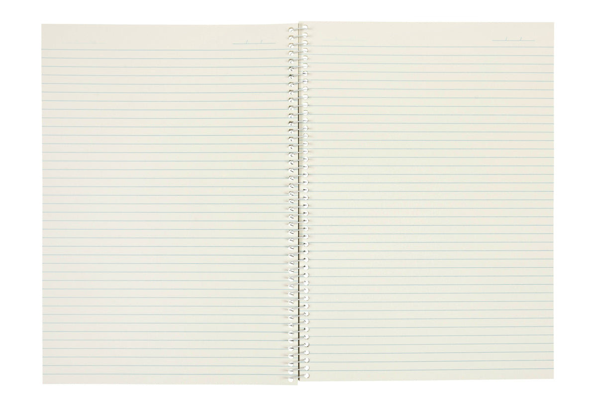 Spirax 810 A4 notebook opened flat to a spread of blue ruled pages without holes or a margin, joined by a white spiral down the centre