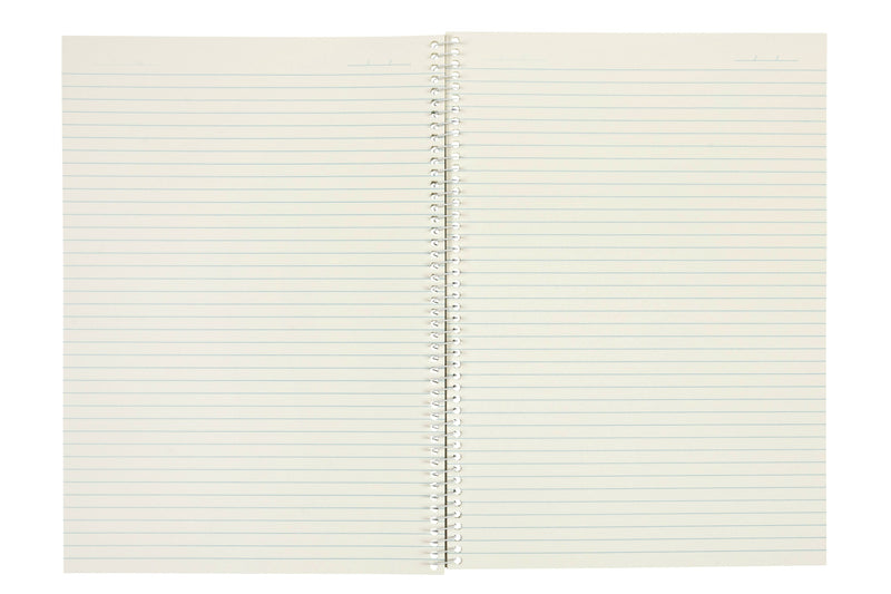 Spirax 810 A4 notebook opened flat to a spread of blue ruled pages without holes or a margin, joined by a white spiral down the centre