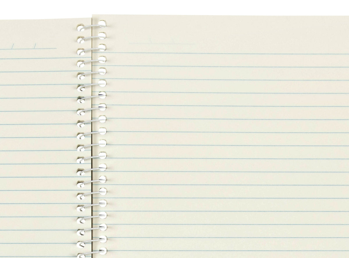 Close-up of the Spirax 810 page ruling beside the white spiral, showing evenly spaced blue lines and a short date line at the top of the page