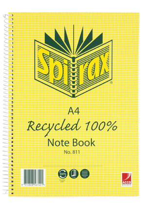 Current Spirax No. 811 A4 note book cover in yellow hounds tooth, printed Recycled 100% with icons for 240 pages and 7mm lines, beside a barcode and a white side spiral
