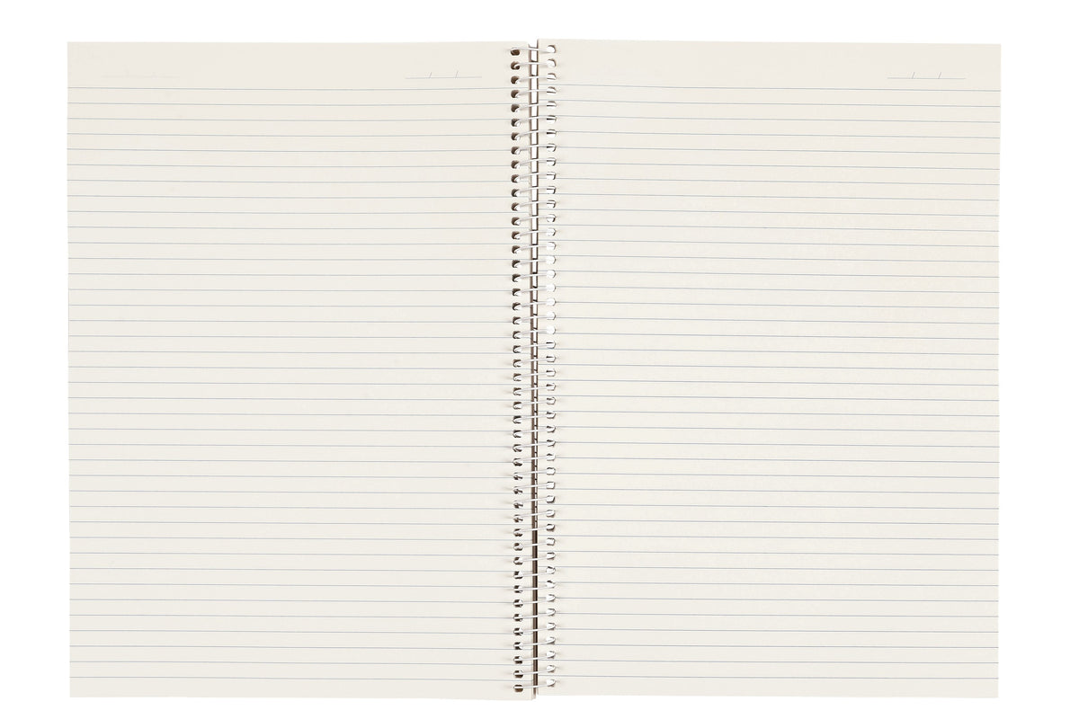 Spirax 811 A4 notebook lying open on a spread of plain ruled pages with no punched holes, the white spiral running down the middle