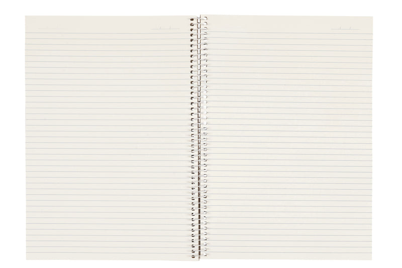 Spirax 811 A4 notebook lying open on a spread of plain ruled pages with no punched holes, the white spiral running down the middle