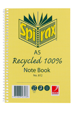 Front of the current Spirax No. 812 A5 note book, yellow hounds tooth cover printed Recycled 100% with icons for 120 pages and 7mm ruling, a barcode and white spiral