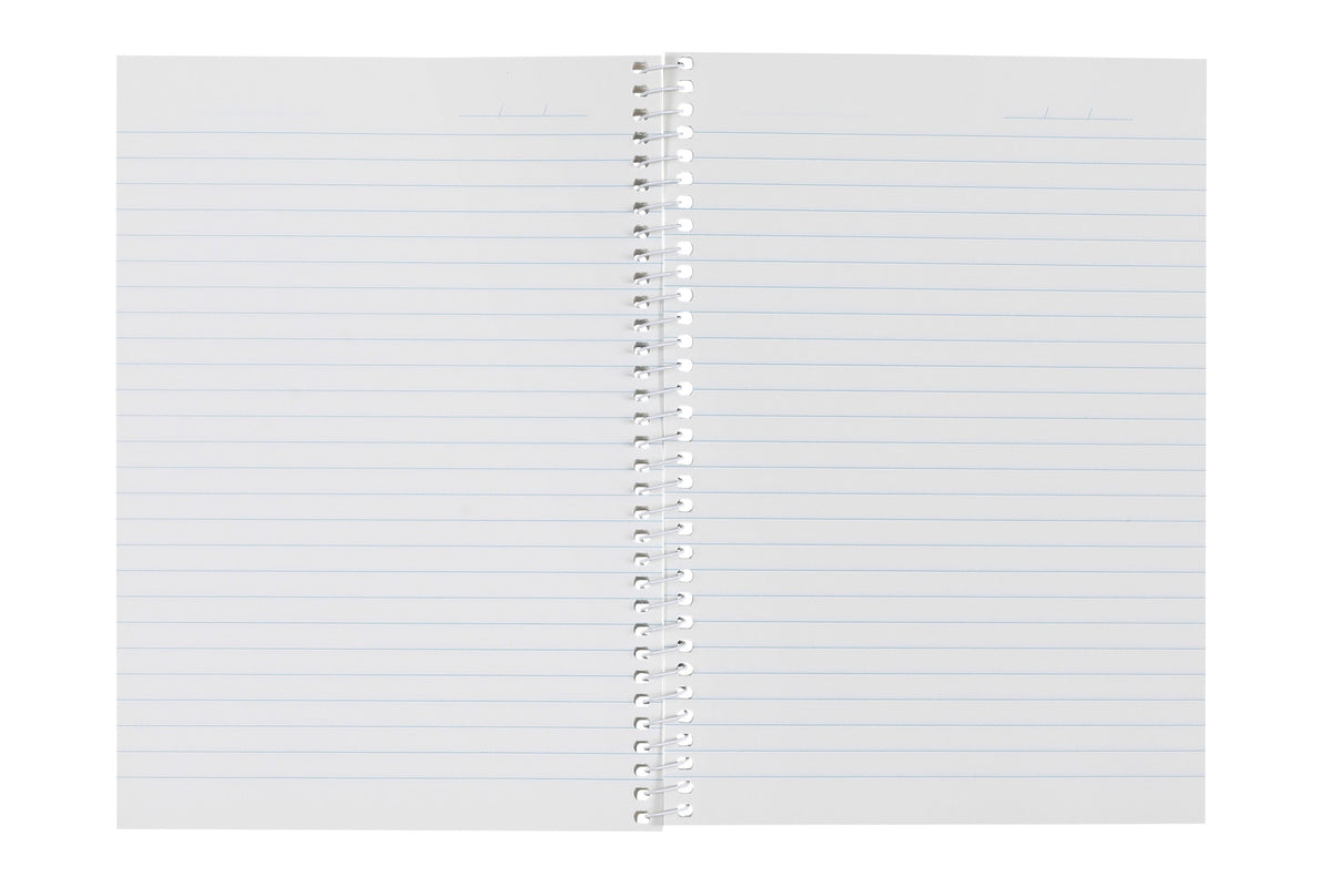 Spirax 812 A5 spiral notebook opened flat to a pair of ruled pages, with a white spiral joining them down the centre