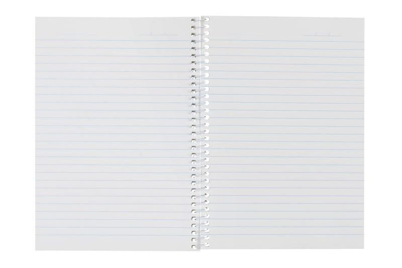 Spirax 812 A5 spiral notebook opened flat to a pair of ruled pages, with a white spiral joining them down the centre