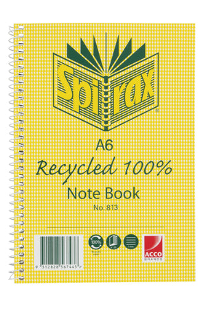 Current Spirax No. 813 A6 note book with a yellow hounds tooth cover printed Recycled 100%, page and 7mm ruling icons, a barcode and a white spiral on the left