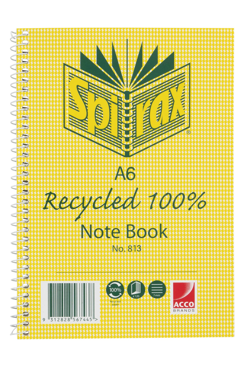 Current Spirax No. 813 A6 note book with a yellow hounds tooth cover printed Recycled 100%, page and 7mm ruling icons, a barcode and a white spiral on the left