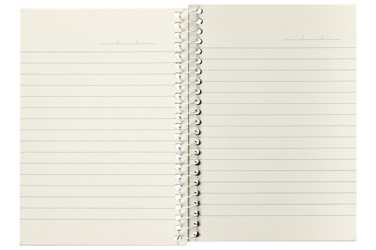 Small Spirax 813 A6 notebook opened to two lined pages, bound by a white spiral along the side