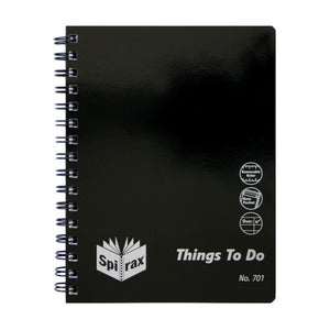 Spirax Things To Do No. 701 organiser with a glossy black cover, twin wire binding and icons for removable ruler, note pocket and due column