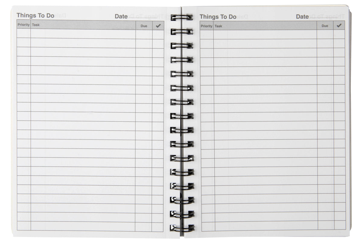Spirax 701 opened flat on its twin wire to two Things To Do pages, each with a date line and columns for priority, task, due and a tick