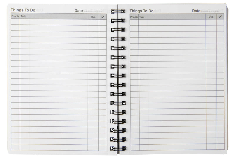 Spirax 701 opened flat on its twin wire to two Things To Do pages, each with a date line and columns for priority, task, due and a tick