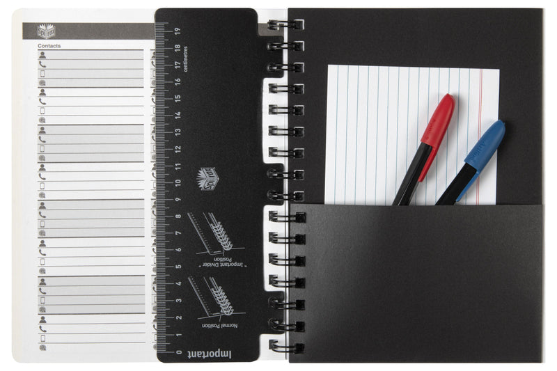 ACCO photo of the Spirax 701 opened at the front, showing a printed Contacts page, the black centimetre ruler divider and a black pocket holding a ruled card and two pens