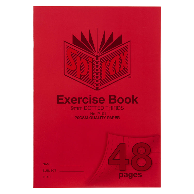 Front product image of the Spirax P101 A4 Exercise Book displaying the red cover, 48 page capacity, 9mm dotted thirds ruling and quality 70gsm paper on a white background.