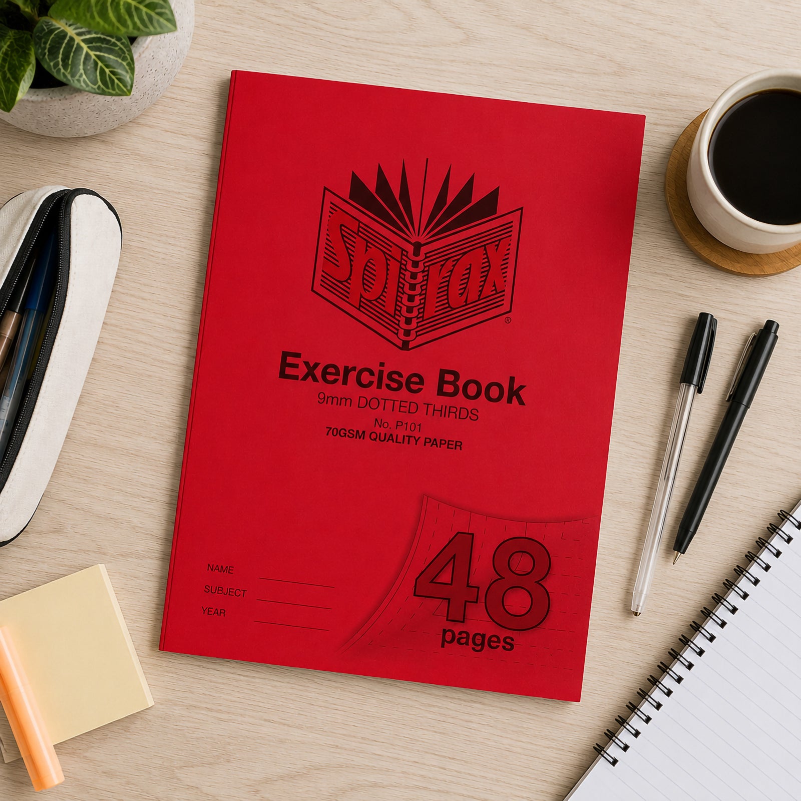 Top view of the Spirax P101 A4 exercise book placed on a timber desk beside pens, coffee, a notebook and pencil case, creating an organised classroom and study environment that showcases the bold red cover.