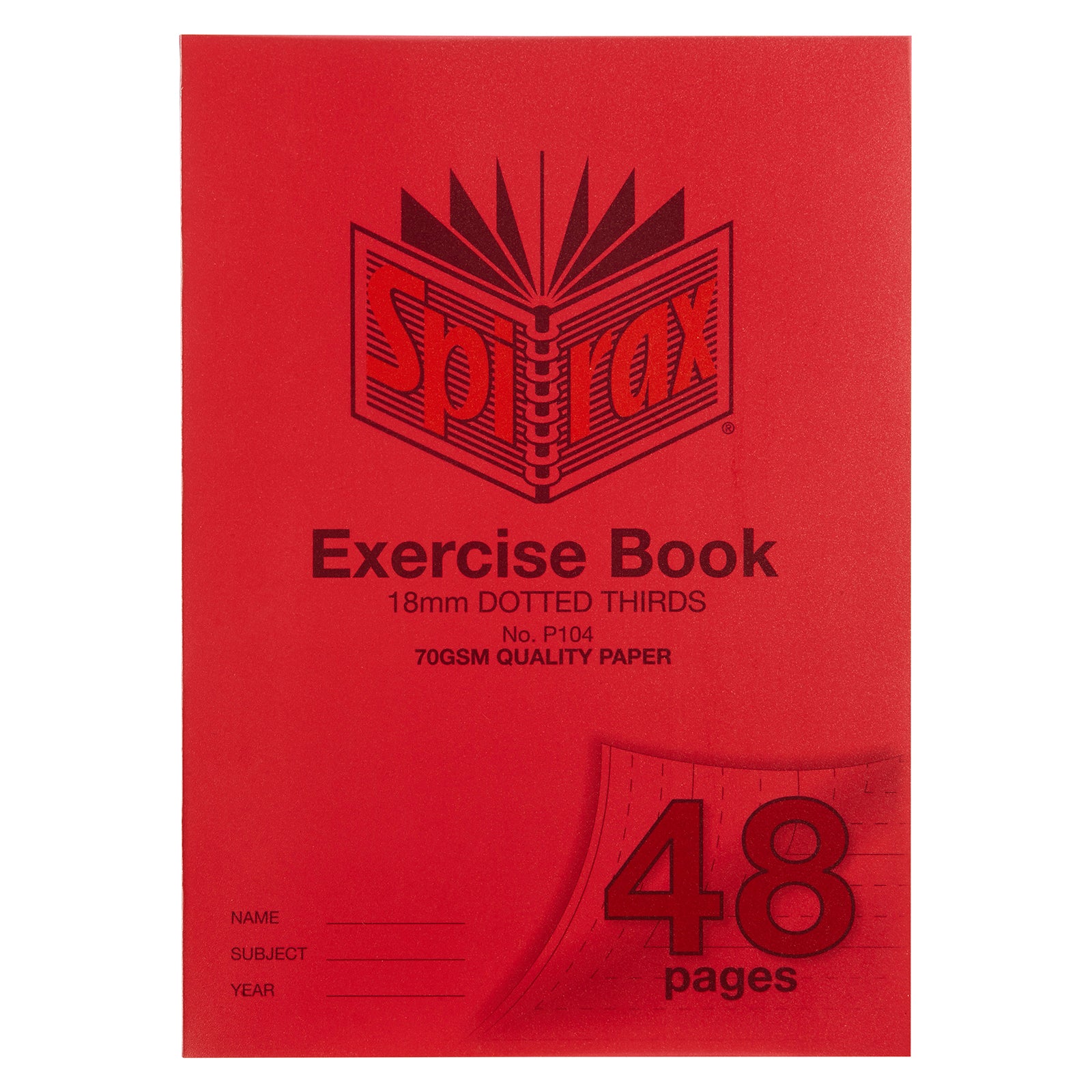 Front product image of the Spirax P104 A4 Exercise Book displaying the red cover, 48 page capacity, 18mm dotted thirds ruling and quality 70gsm paper against a white background.
