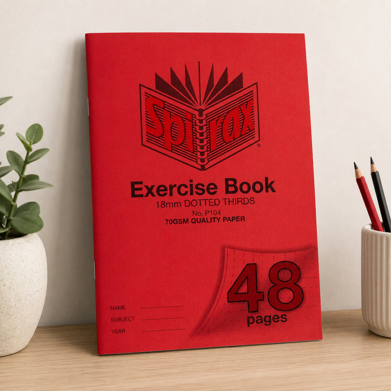 Spirax P104 A4 Exercise Book leaning against a neutral wall on a clean timber desk beside a potted plant and pencil holder, emphasising the durable classroom design and bold red cover.