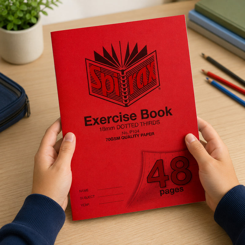 Hands holding a Spirax P104 A4 Exercise Book with a bright red cover on a tidy study desk surrounded by coloured pencils, stationery and a pencil case, highlighting the 48 page format and 18mm dotted thirds ruling designed for developing handwriting skills.