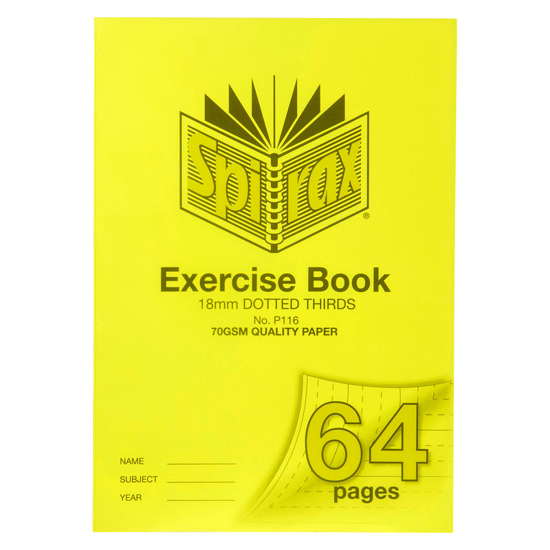 Front product image of the Spirax P116 A4 64 page exercise book with bright yellow cover, 18mm dotted thirds ruling and 70gsm quality paper, presented on a white background.