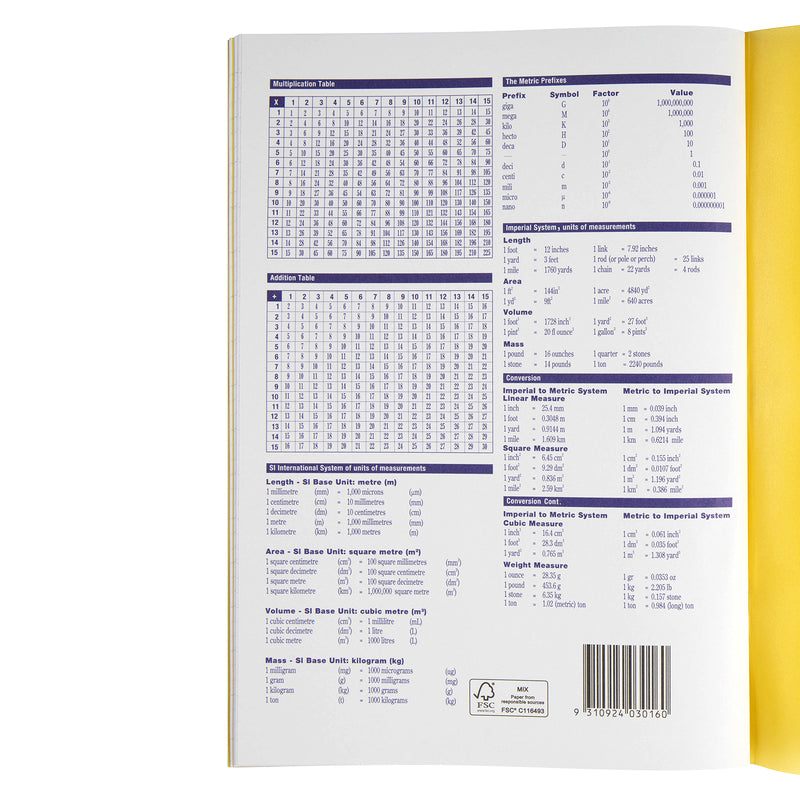 Rear inside cover of the Spirax P116 exercise book displaying multiplication tables, metric conversions and educational reference information printed for convenient classroom use.