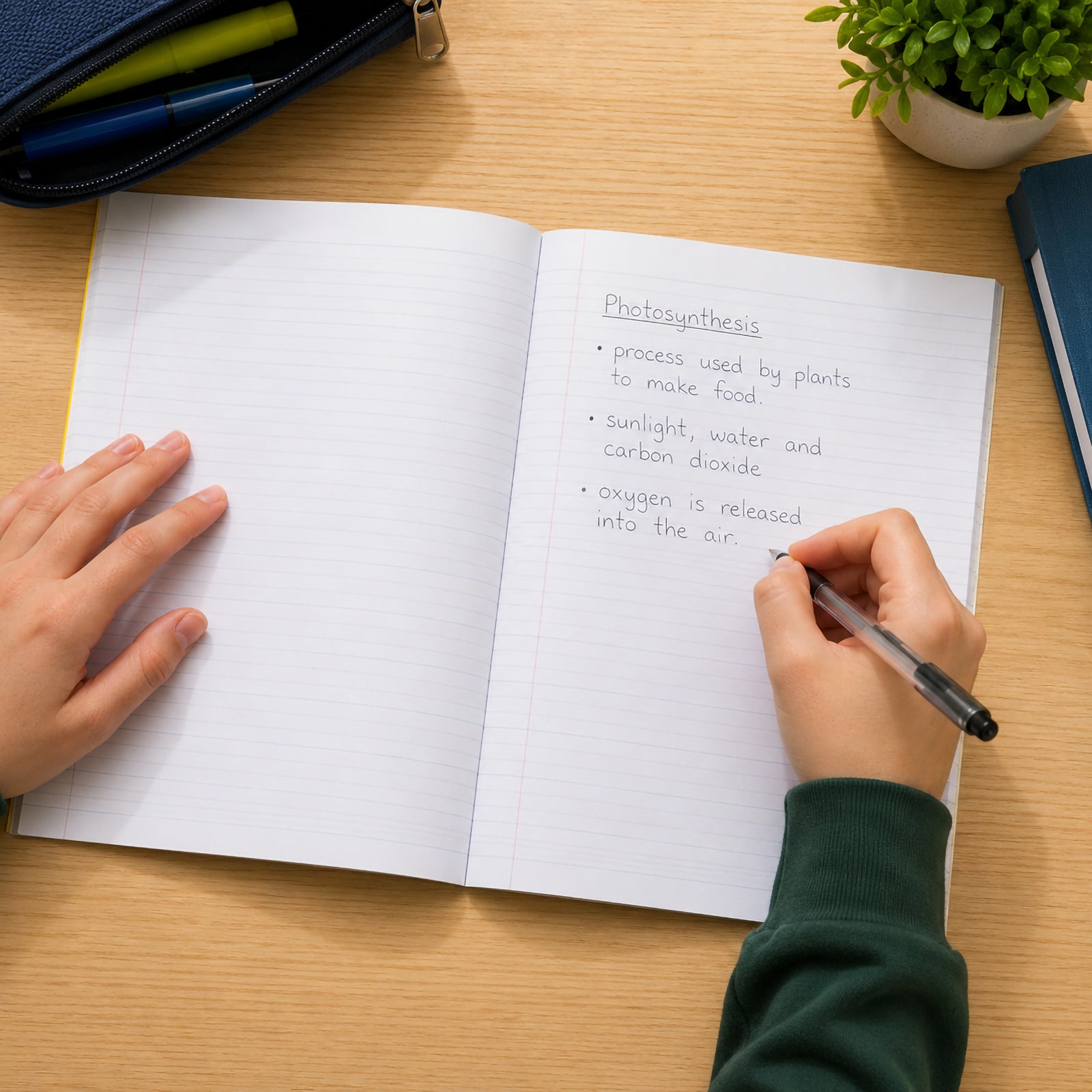 Student writing inside the Spirax P116 A4 exercise book on a timber classroom desk with stationery nearby, demonstrating the spacious 18mm dotted thirds pages designed to support handwriting development and everyday school learning.