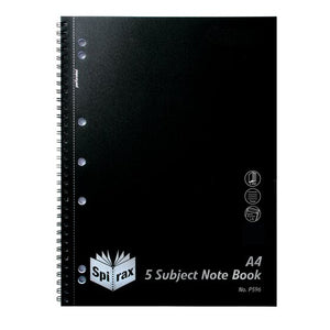 Spirax P596 A4 5 subject note book with a plain black polypropylene cover, twin wire binding and a row of punched holes beside the perforation line
