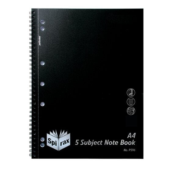 Spirax P596 A4 5 subject note book with a plain black polypropylene cover, twin wire binding and a row of punched holes beside the perforation line
