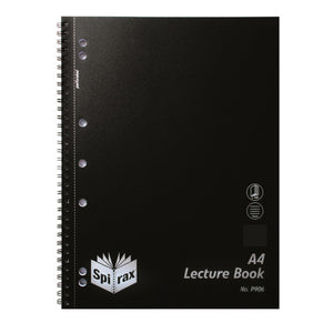 Spirax P906 A4 lecture book with a black cover, twin wire down the left side, seven punched holes and icons for 140 pages and 7mm ruling