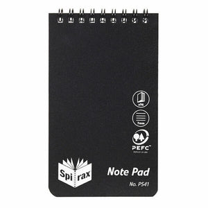 Black Spirax P541 note pad with silver page count and ruling icons, twin wire binding across the top edge and rounded lower corners